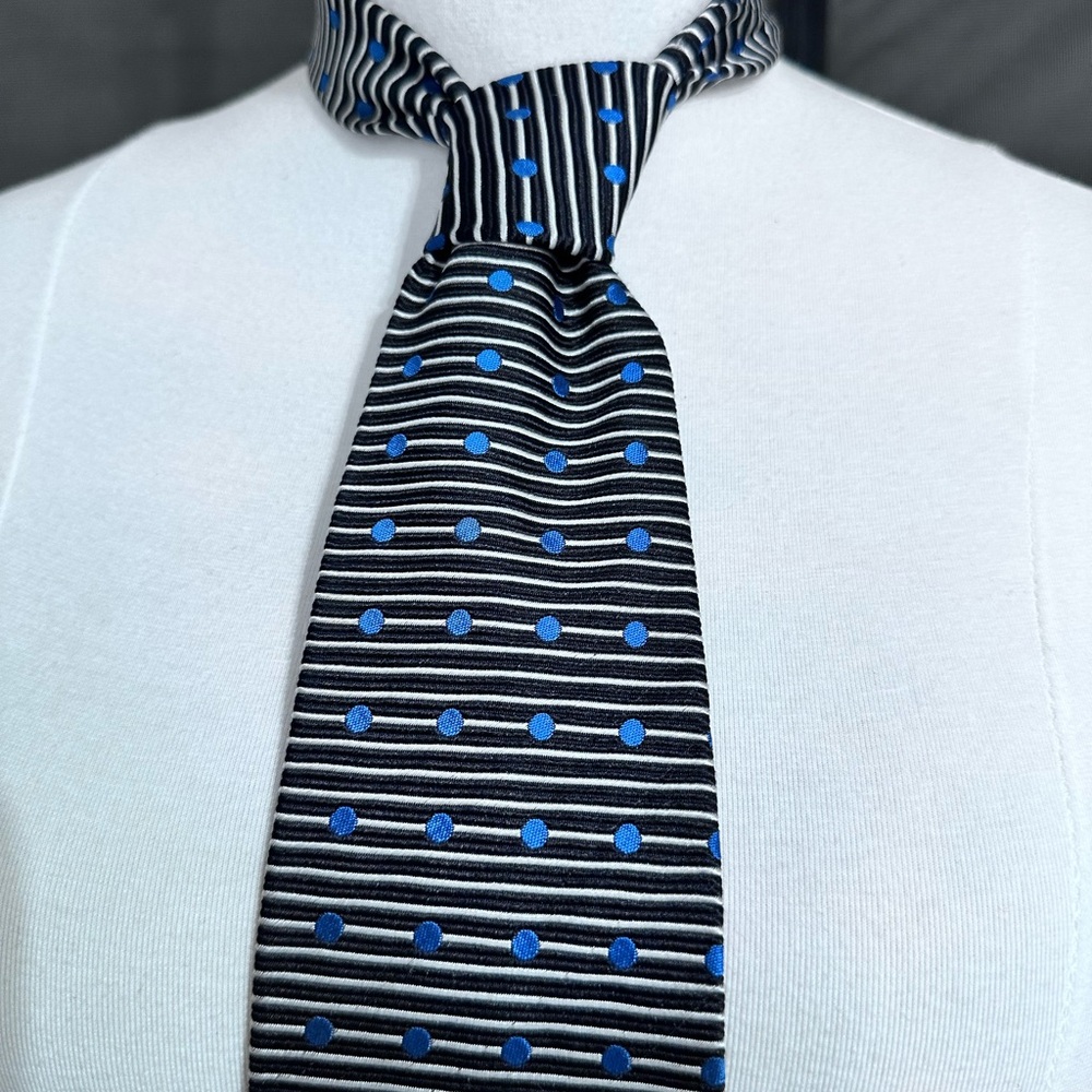 Peter Thomas Silk Tie Made By Superba Geometric Black Grey Blue Polka